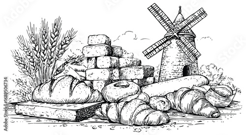 Vintage bakery still life with fresh bread wheat and windmill illustration in black and white