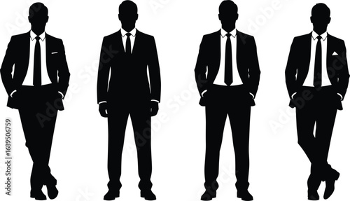 Silhouettes of four confident businessmen standing in formal suits and ties, professional posture, isolated on white background, flat vector illustration
