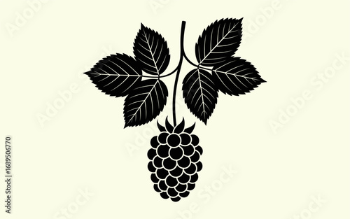 A Detailed Illustration of a Single Black Raspberry Fruit Hanging from its Stem Adorned with Dark Green Serrated Leaves Against a Pale  