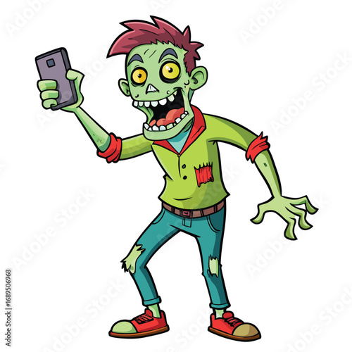 Vector art of a cartoon zombie holding a smartphone and taking a selfie