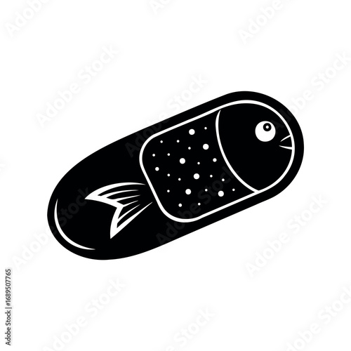 Black and white graphic of a fish inside a capsule shape
