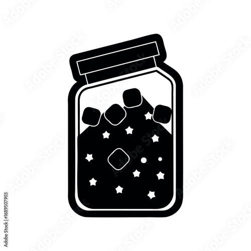 Black and white candy jar filled with gummy candies and stars