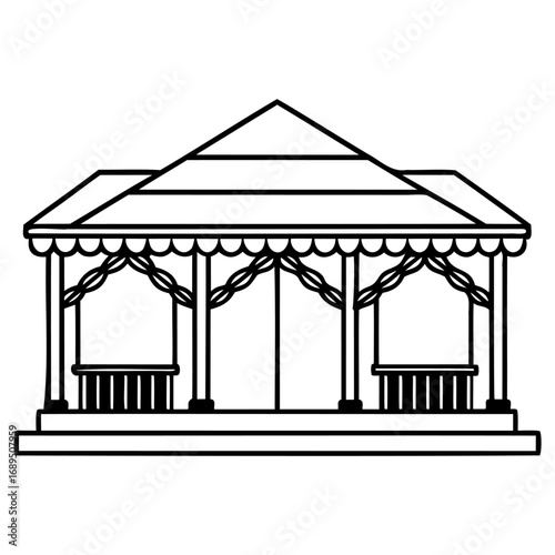 Vintage gazebo pavilion line drawing with ornate roof and open sides