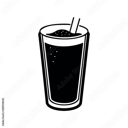 Black and White Illustration of a Refreshing Drink in a Glass with Straw