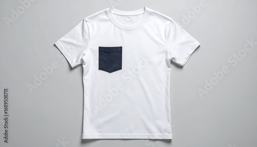 White t-shirt with navy pocket on gray background