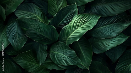 Lush dark green tropical leaves with prominent veins and subtle lighting foliage photo