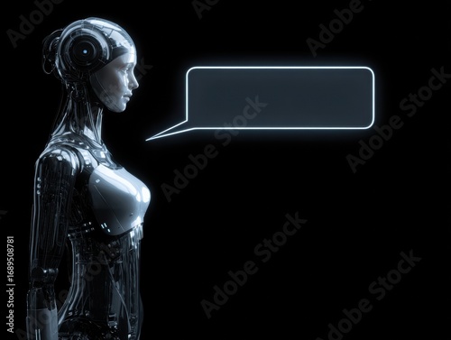 Futuristic humanoid robot with metallic body and illuminated speech bubble on dark background