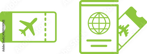 Air ticket, passport and ticket line vector icon illustration set, travel, flight booking, boarding pass, flight ticket, trip voucher symbol, tourism, global, Editable