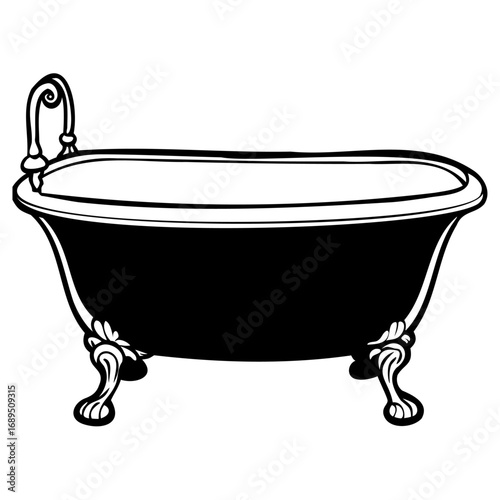 Vintage clawfoot bathtub with ornate legs and curved faucet, black and white illustration