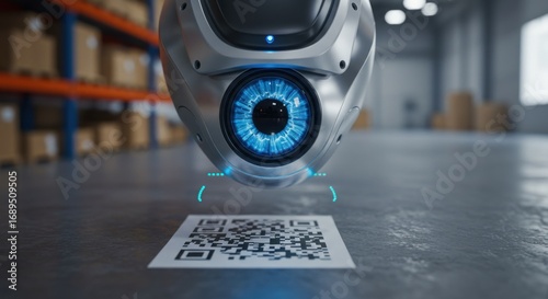 Robotic scanner analyzing barcode in warehouse