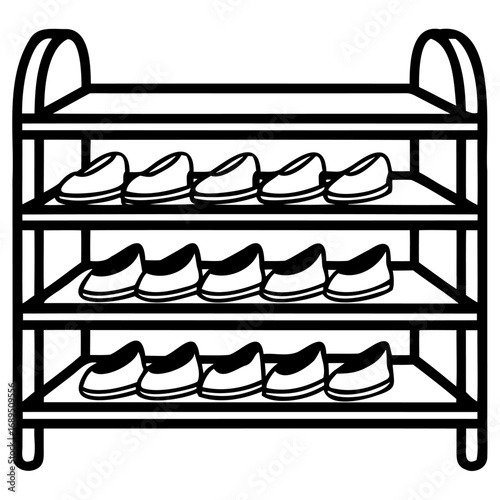 Black and white line drawing of threetier shoe rack with multiple pairs of shoes, minimalist style
