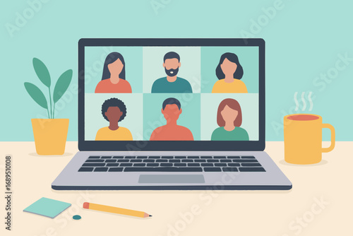 people connecting together, learning or meeting online with teleconference, video conference remote working on laptop computer, work from home and anywhere, new normal concept, vector illustration