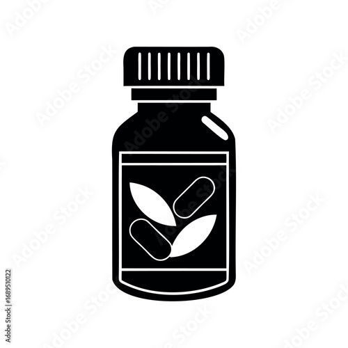 Black and white bottle of natural medicine with leaf and capsule icons