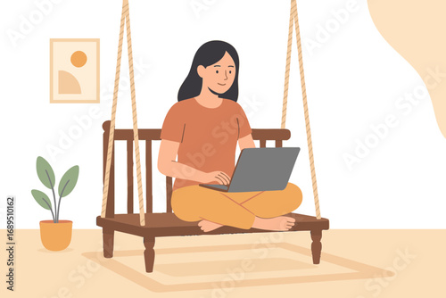young woman working on laptop, young woman working on computer, woman working on laptop, young woman sitting on a traditional wooden swing (jhula) indoors, comfortably working on a laptop