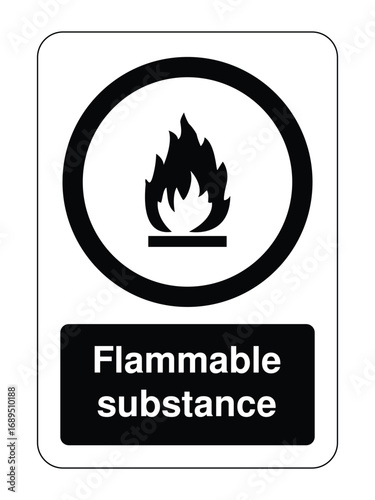 Flammable Substance Circular Safety Label – Black Flame Icon with Text for Chemical Risk, Packaging & Industrial Zones  High-Visibility Vector for Global Use