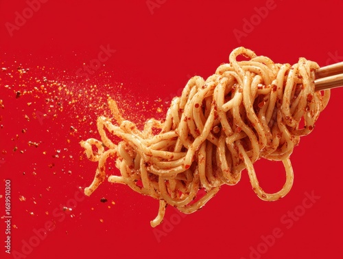 Close-up of seasoned cooked noodles lifted by chopsticks with spice particles on red background
