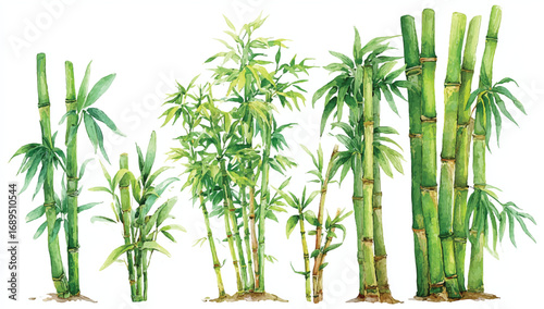 Watercolor Illustration of Bamboo Plants with Green Leaves and Stalks on White Background Fresh Natural Design Element