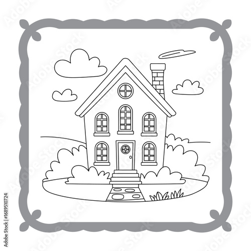 Charming House Coloring Page Delightful Outlines for Creative Fun Awaiting Artistic Expression with Clouds, Bushes and a Cute Path