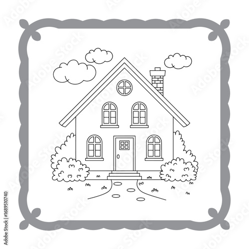 Charming House Coloring Page Framed with Playful Clouds and Decorative Border for Creative Fun and Relaxation Activities