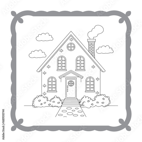 Charming House Coloring Page Framed with Playful Clouds and Decorative Border for Creative Fun and Relaxation Activities