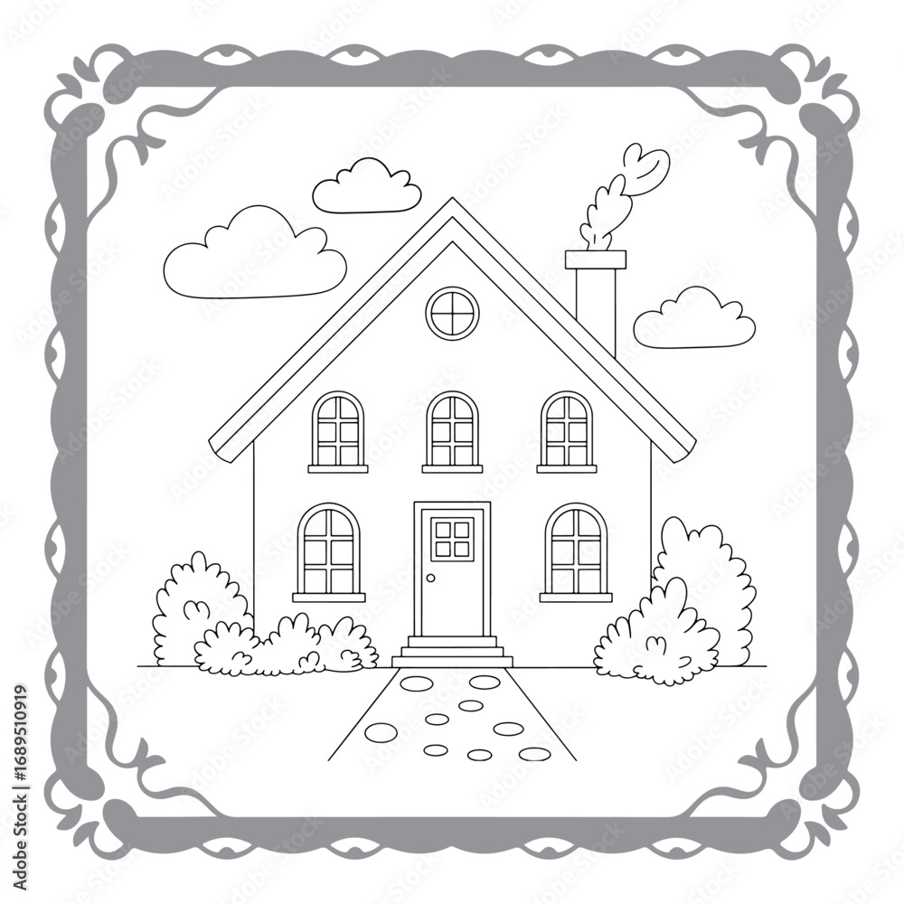 Fototapeta premium Charming House Coloring Page with Lush Garden and Whimsical Clouds Awaiting Creative Color Application for Relaxation