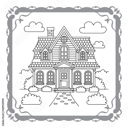 Charming House Coloring Page Framed with Playful Clouds and Decorative Border for Creative Fun and Relaxation Activities