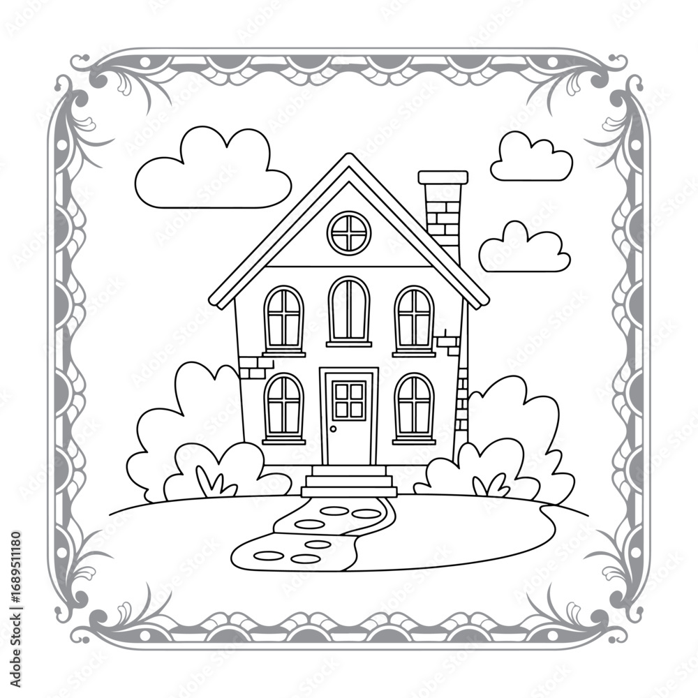 Fototapeta premium Charming House Coloring Page Framed with Playful Clouds and Decorative Border for Creative Fun and Relaxation Activities