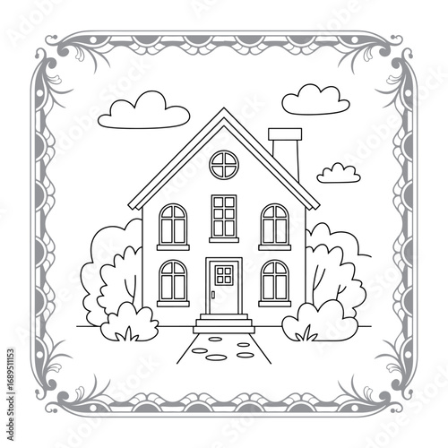 Charming House Coloring Page Framed with Playful Clouds and Decorative Border for Creative Fun and Relaxation Activities