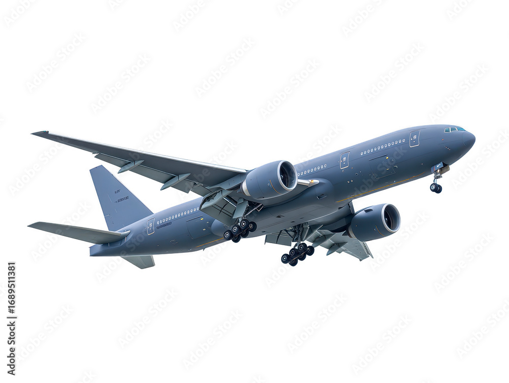 Obraz premium Large passenger airplane commercial jet modern aircraft flying blue sky travel transportation aviation landing gear isolated