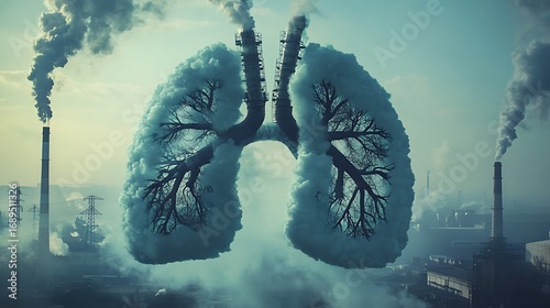 Lungs shaped like clouds emitting smoke over industrial city human lungs anatomy photo
