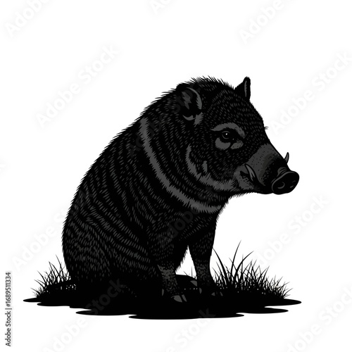 Collared peccary sitting in grass silhouette isolated on white background