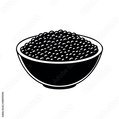 Black and white vector illustration of a bowl full of caviar