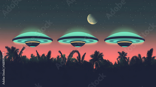 Three UFOs Hovering Over a Tropical Landscape at Night