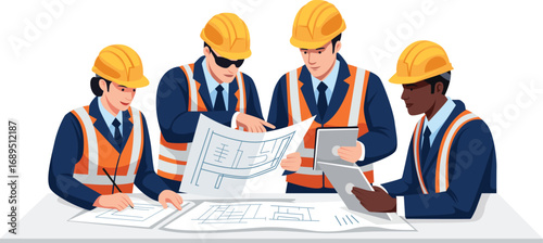 Four construction workers in hard hats and safety vests review blueprints and documents at a table.