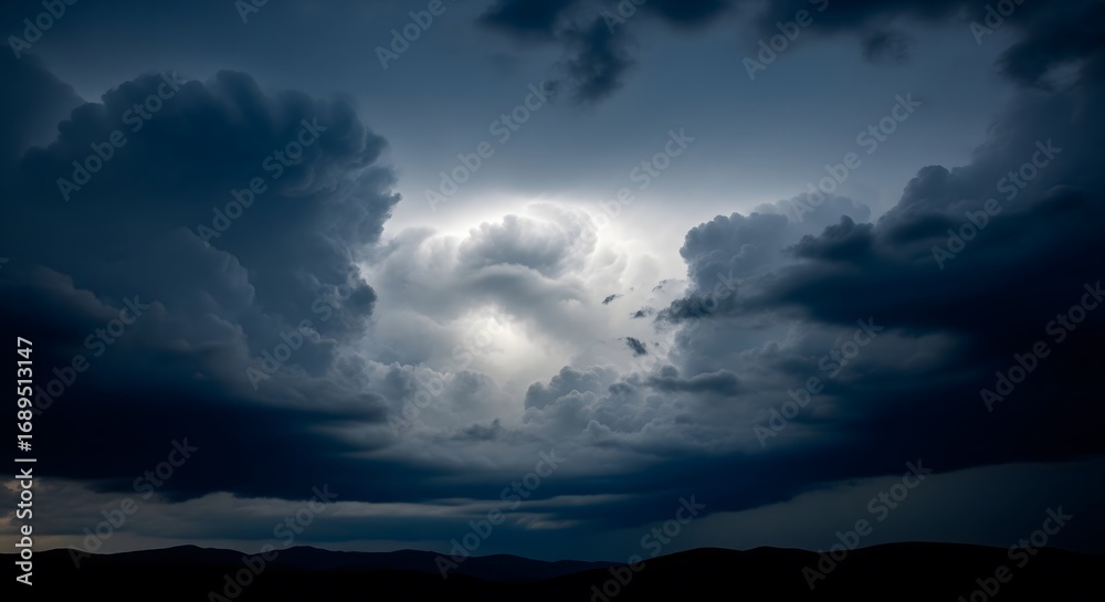 Naklejka premium Dramatic stormy sky with dark clouds and a glimmer of light. Moody and atmospheric landscape representing weather, nature, and power.