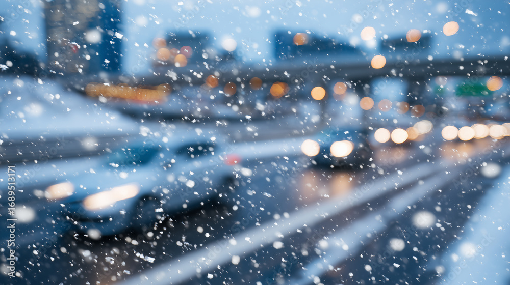 Obraz premium Cars moving slowly on frosty highway, snowflakes falling heavily, windshield wipers in motion against blurred wintry background