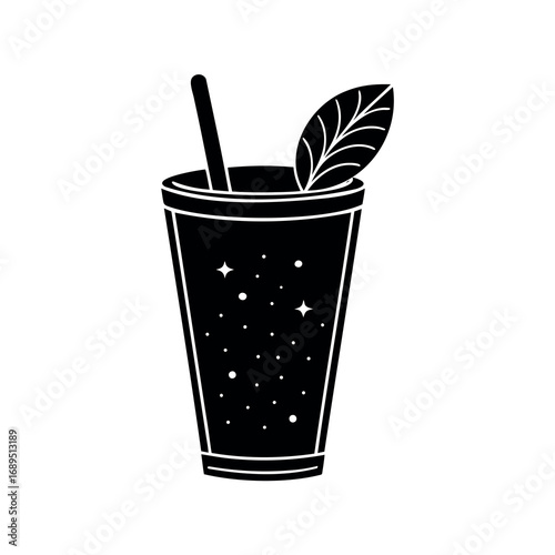 Minimalist black and white illustration of a refreshing cocktail with a mint leaf