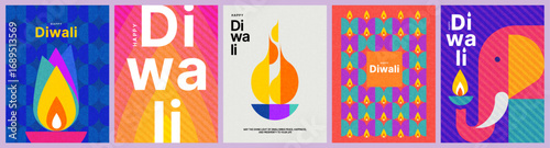Happy Diwali. Indian festival of lights modern design set in trendy geometric style with oil lamps, elephant, Indian ornaments and pattern. Holiday background for branding, card, banner, cover, poster
