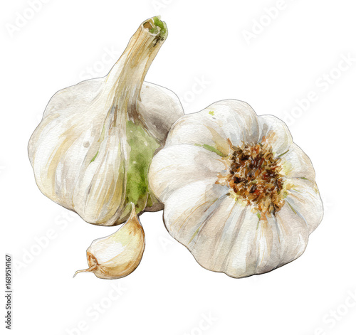 Two heads of garlic with a smaller one, detailed illustration