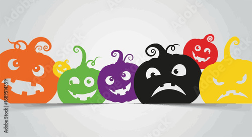 Vibrant Halloween Pumpkins Vector Illustration. A playful collection of carved jack-o'-lanterns with diverse expressions, perfect for spooky design assets.