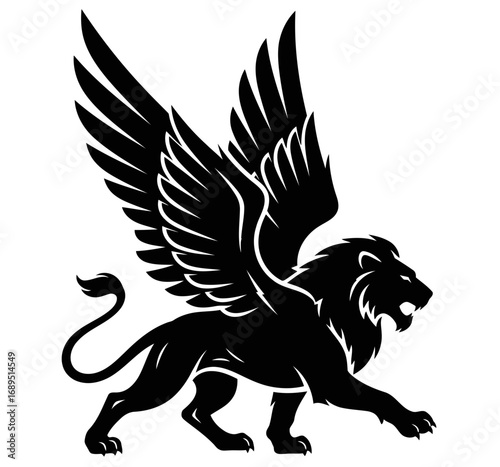 Vector illustrator of winged lion walking, black silhouette