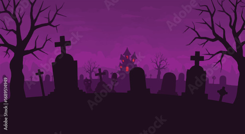 Spooky Halloween Graveyard Background with Haunted Mansion Silhouette. Eerie cemetery with tombstones, bare trees, and purple night sky.