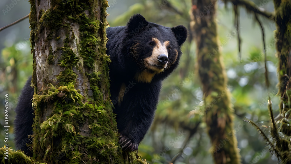 Obraz premium An endangered spectacled bear clings to a mossy tree trunk in a dense, humid rainforest