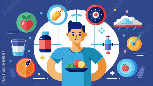 Flat illustration of a healthy man holding a bowl of fruits surrounded by icons of nutrition, vitamins, hydration, goal setting and healthy lifestyle on blue background