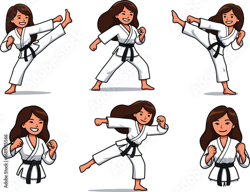Female karate martial artist cartoon set, high kick, stance, gi, black belt, sport, training, discipline, fitness, self‑defense, athlete