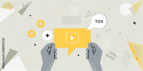 Hands hold a yellow speech bubble with a play button and the word tox inside a white bubble above