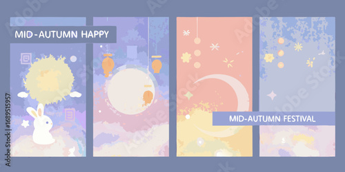 Collection of four vertical illustrations celebrating the mid autumn festival with moon rabbits lanterns and celestial elements