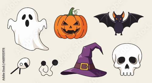 Cute Halloween assets set with spooky ghost, pumpkin, bat, witch hat, and skull illustrations, perfect for holiday designs.