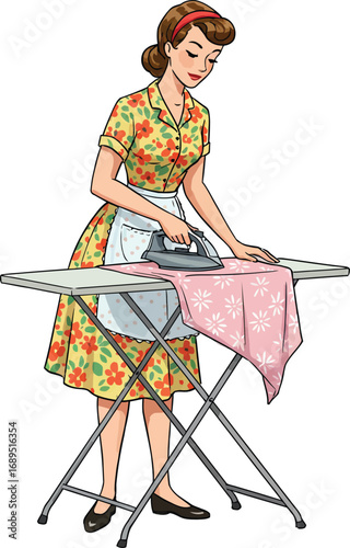 Illustration of a housewife ironing on a folding table dressed in 1950s style, isolated on white background