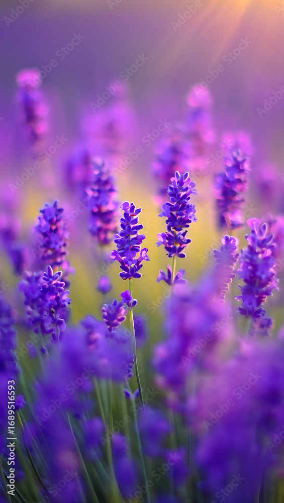 Naklejka premium Closeup of vibrant purple lavender flowers in a field with soft sunlight filtering through, creating a dreamy and serene atmosphere